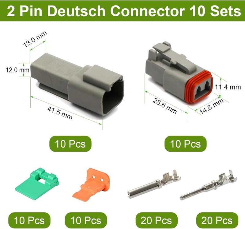 Twippo 2 Pin Deutsch Connector Kit 10 Sets, Gray DT Connector Kit, 2 Pin Automotive Waterproof Wire Connectors, Electrical Connectors Kit with 16# Stamped Contacts for Car, RV, Truck Wiring 22-16AWG - Image 2